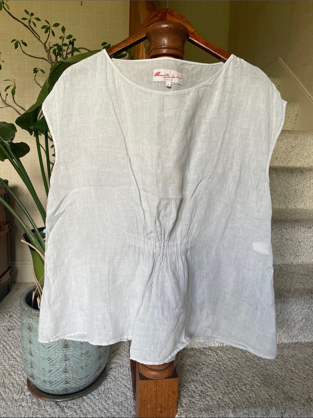 Manuella Suibal Paris Pure Linen Gathered Sleeveless Tunic Top